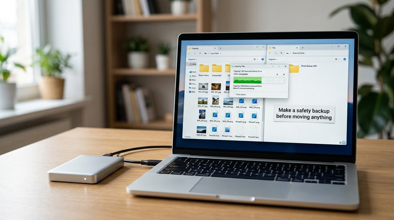Make a safety backup before moving anything